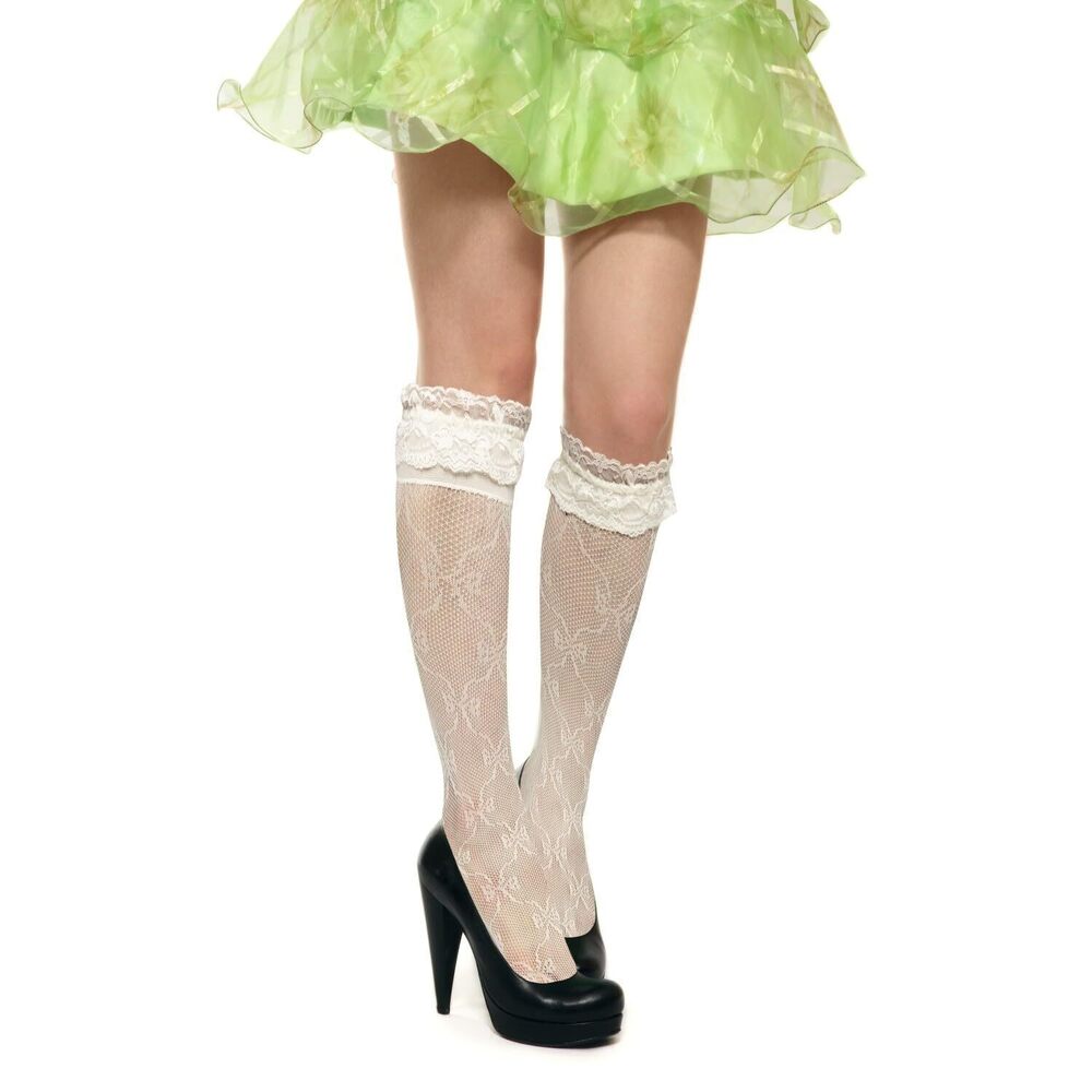 3848 Creamy Fishnet Knee High Socks Girls Lace Ruffle Bow Patterned Mesh